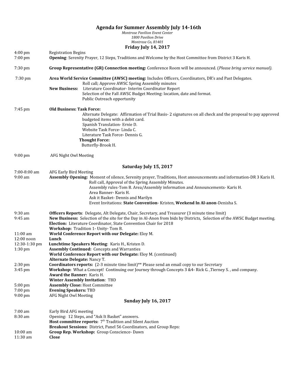 Agenda for Summer Assembly July 14-16Th