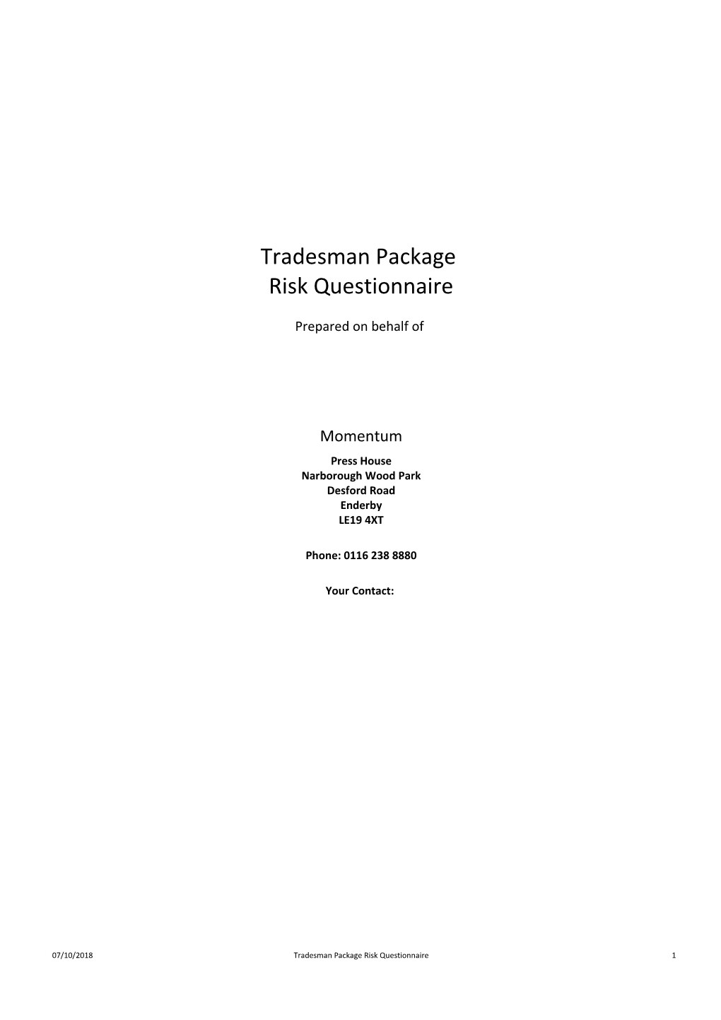 Tradesman Package Risk Questionnaire