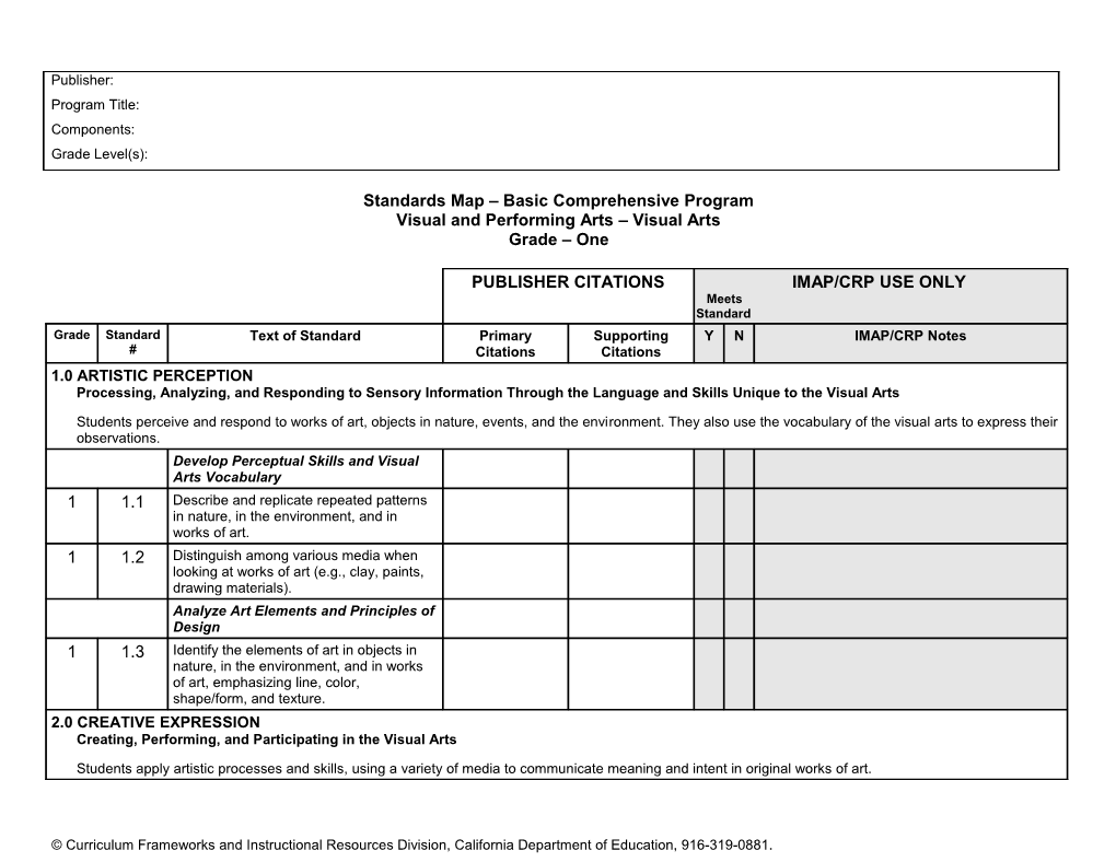 Grade 1 VPA Standards Map - Instructional Materials (CA Dept of Education)