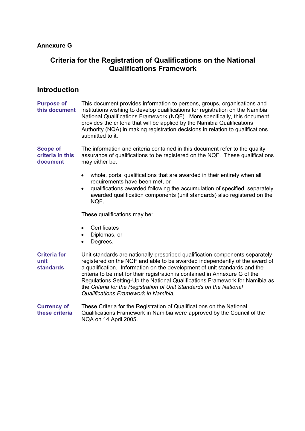 Criteria for the Registration of Qualifications on the National Qualifications Framework