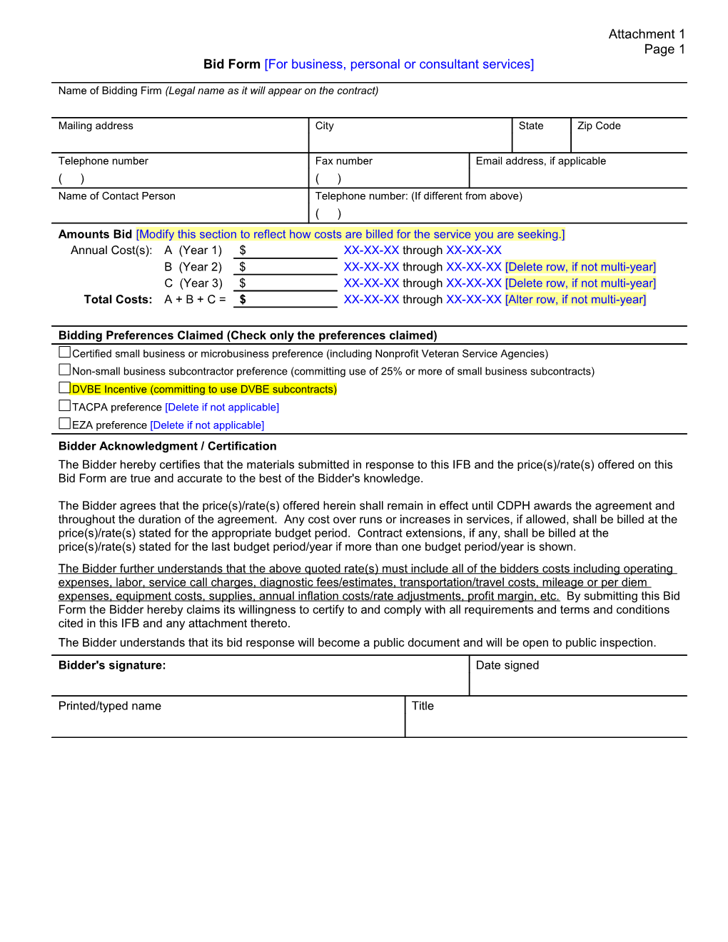 Bid Form for Business, Personal Or Consultant Services