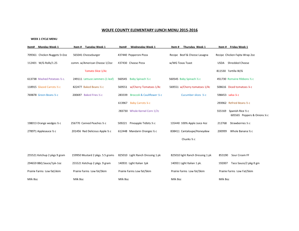 Wolfe County Elementary Lunch Menu 2015-2016