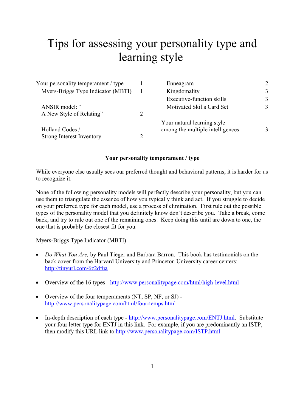 Tips for Assessingyour Personality Type and Learning Style