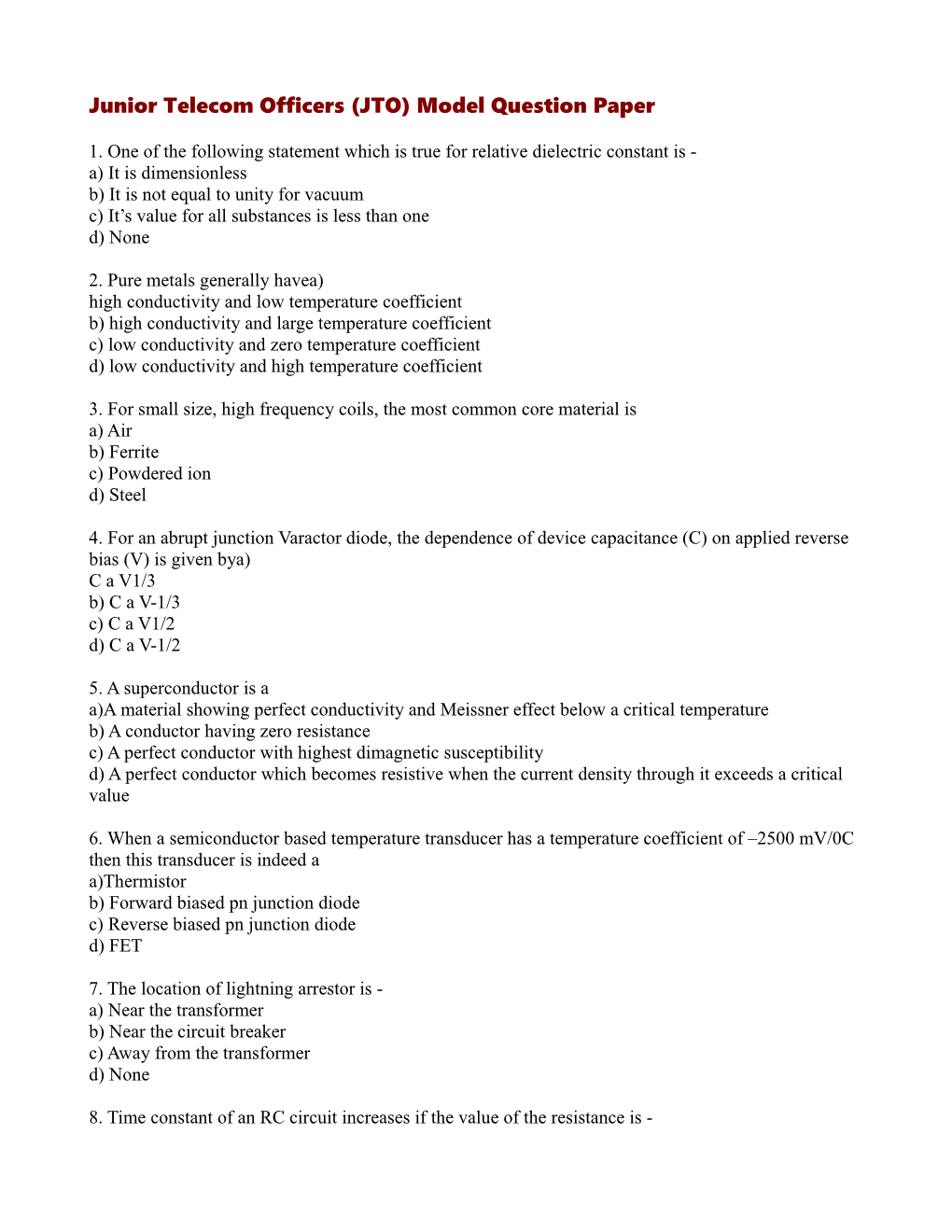 Junior Telecom Officers (JTO) Model Question Paper