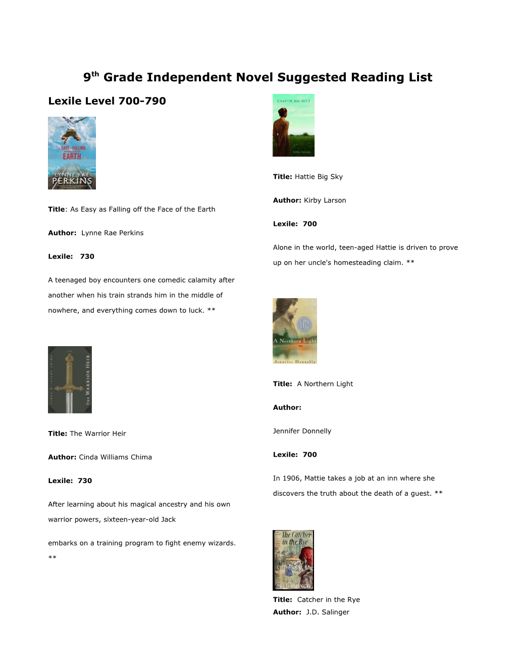 9Th Grade Independent Novel Suggested Reading List