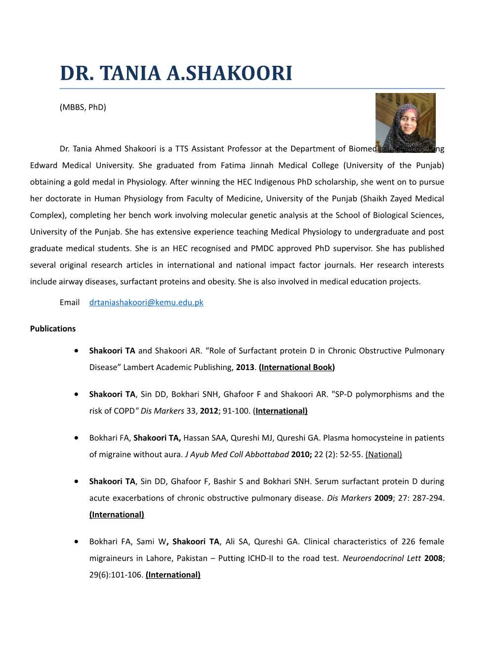 Dr. Tania Ahmed Shakoori Is a TTS Assistant Professor at the Department of Biomedical Sciences