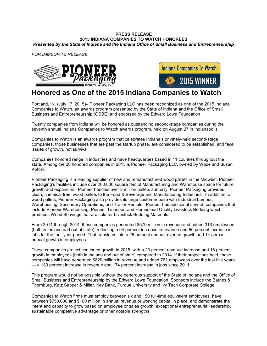 2015 Indiana Companies to Watch Honorees