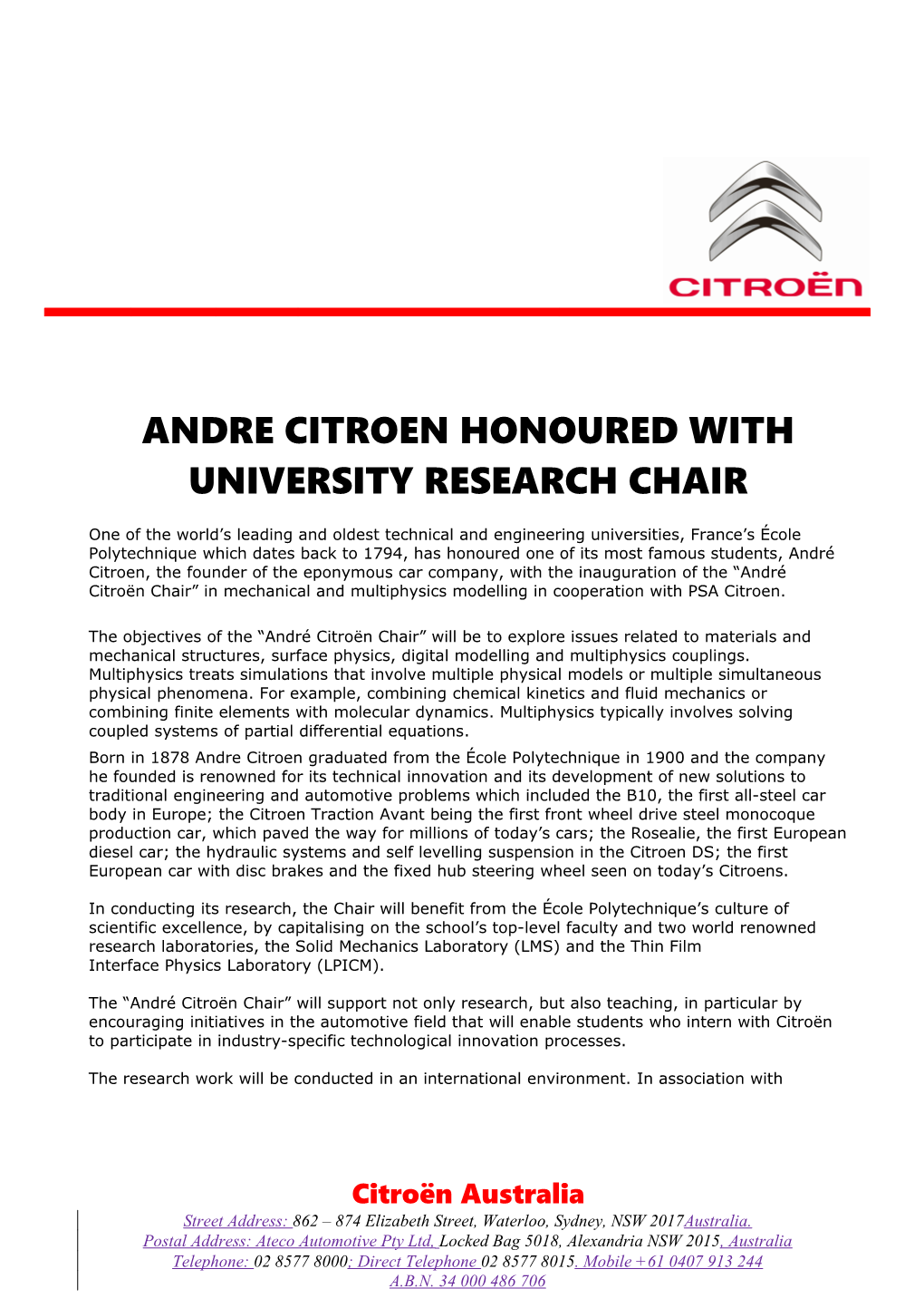 Andre Citroen Honoured with University Research Chair