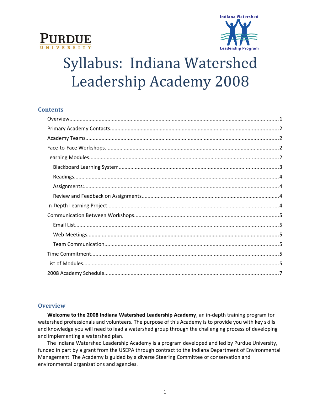 Syllabus: Indiana Watershed Leadership Academy 2008