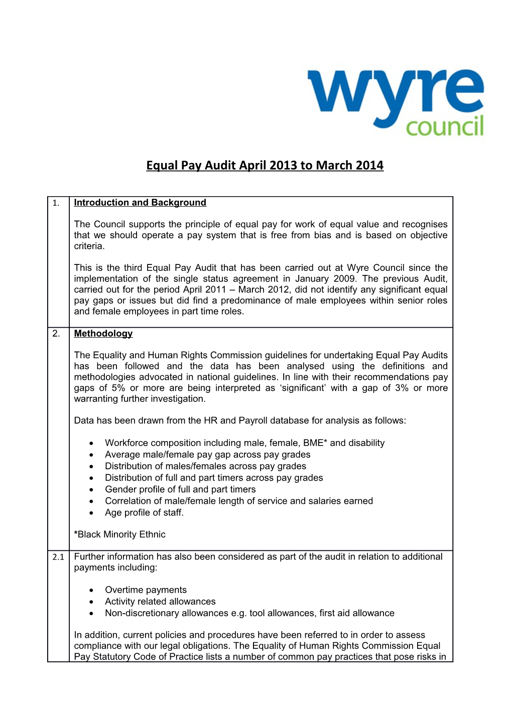 Equal Pay Audit April 2013 to March 2014