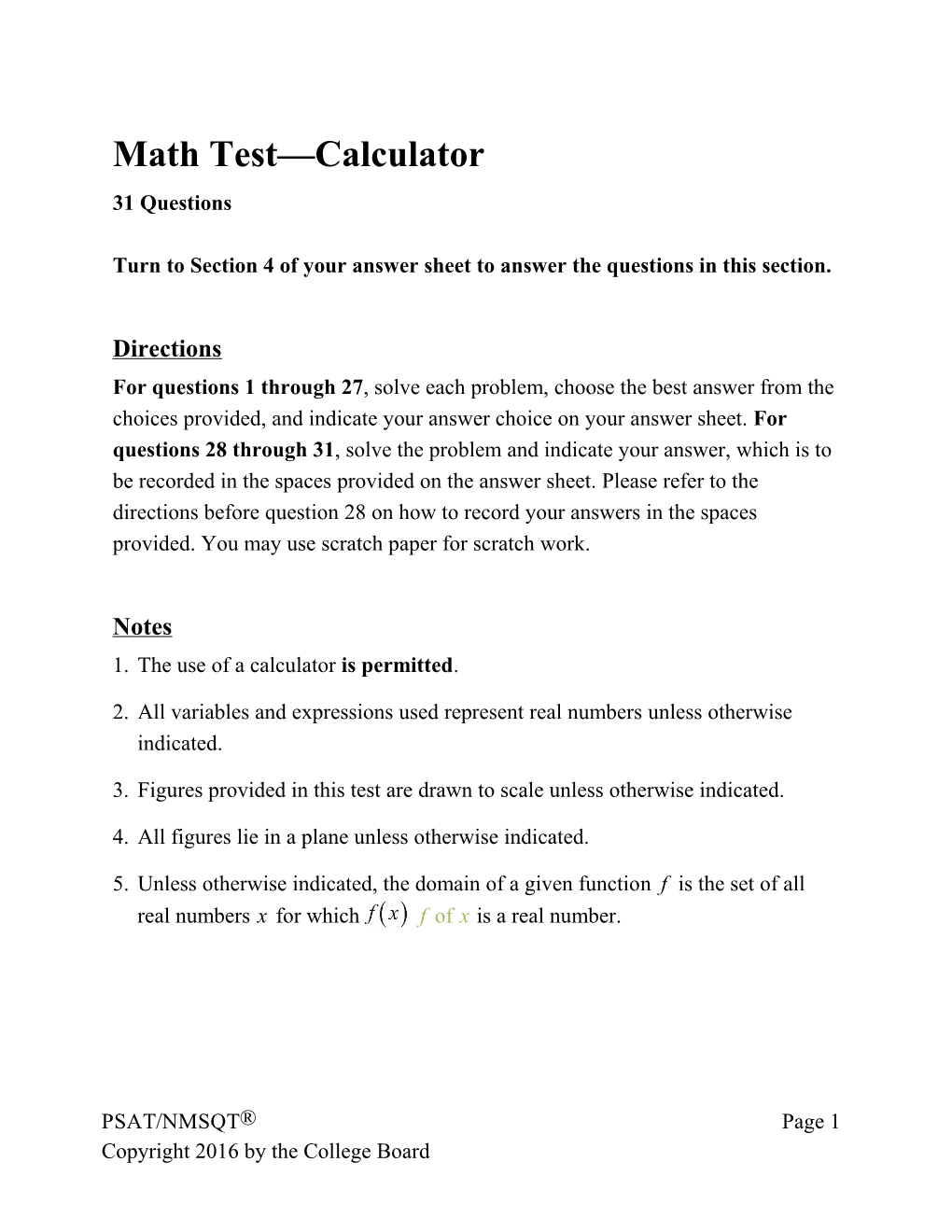 PSAT/NMSQT Practice Test 2 for Assistive Technology Math Test, Calculator SAT Suite Of
