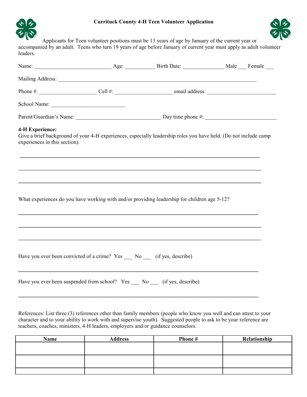 Currituck County 4-H Teen Volunteer Application