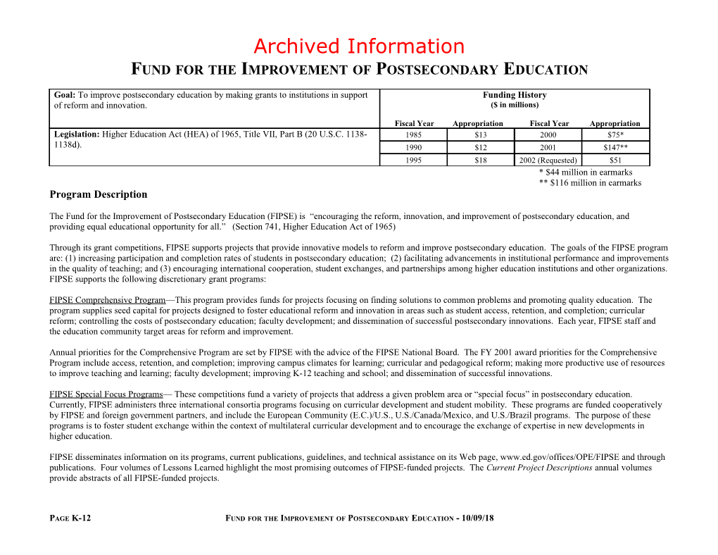 Archived: Fund for the Improvement of Postsecondary Education