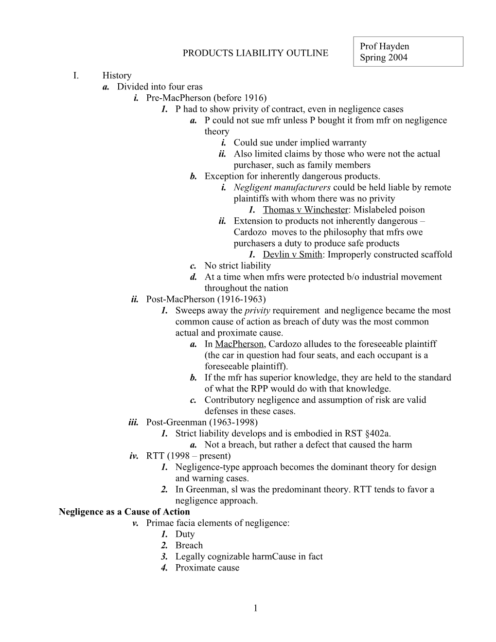 Products Liability Outline