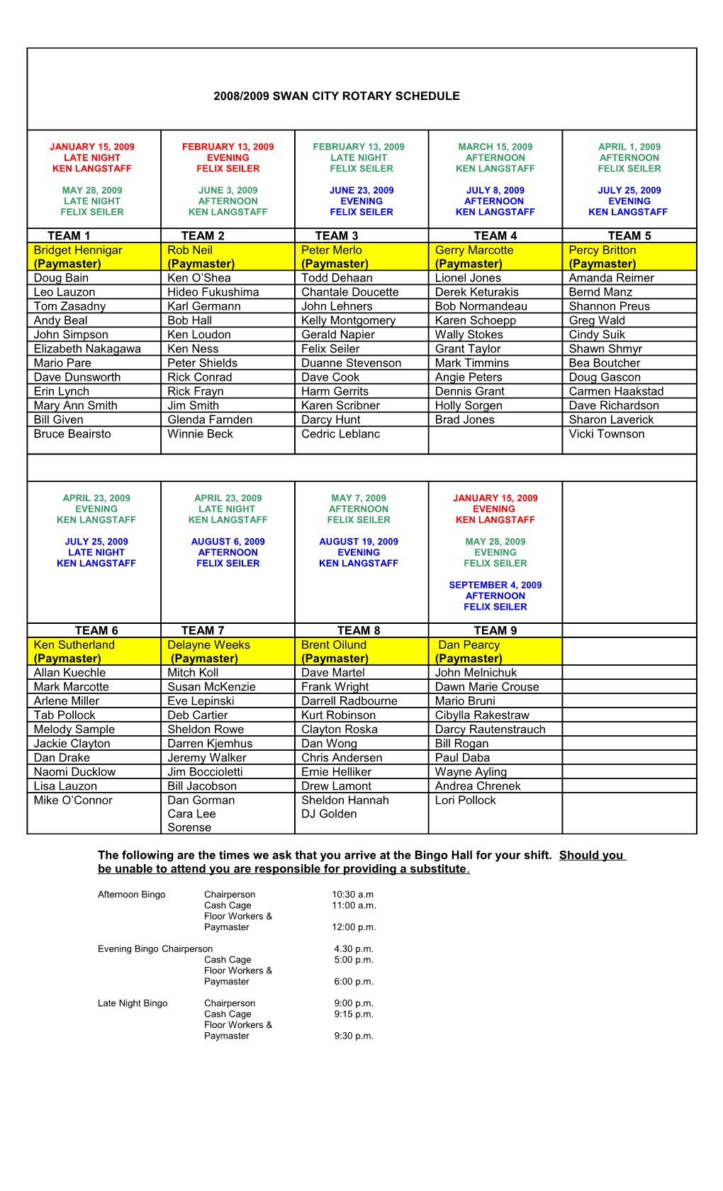 2006 Swan City Rotary Schedule
