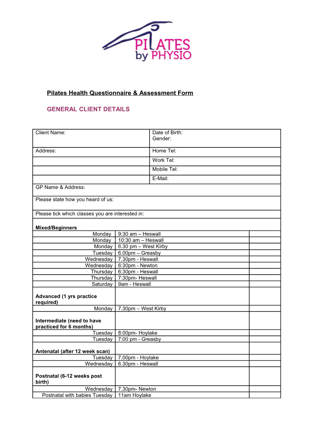 Pilates Health Questionnaire & Assessment Form