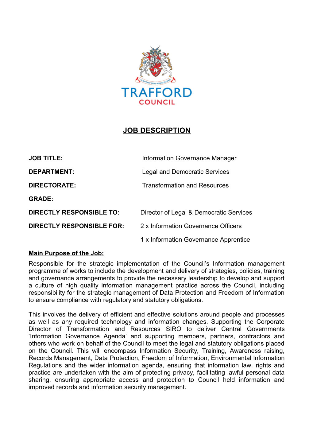 Trafford Job Description Template