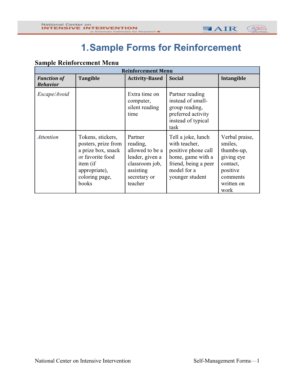 Sample Forms for Reinforcement