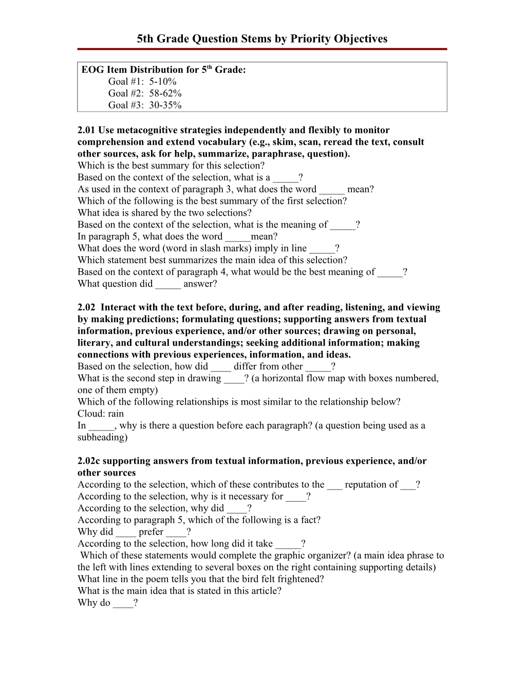 5Th Grade Question Stems by Priority Objectives