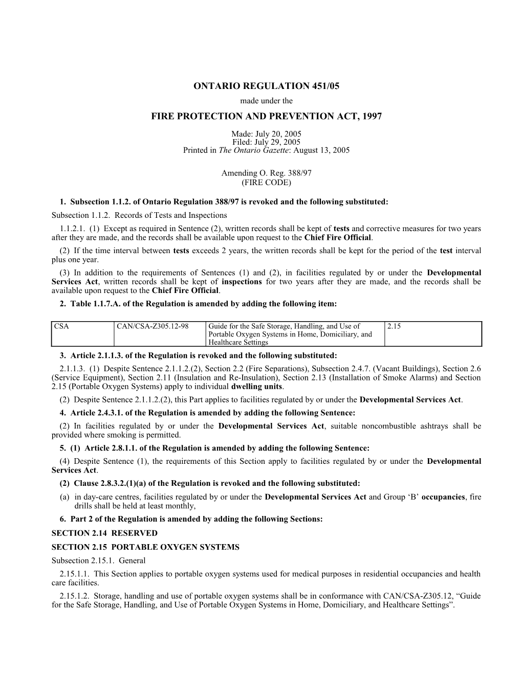 FIRE PROTECTION and PREVENTION ACT, 1997 - O. Reg. 451/05