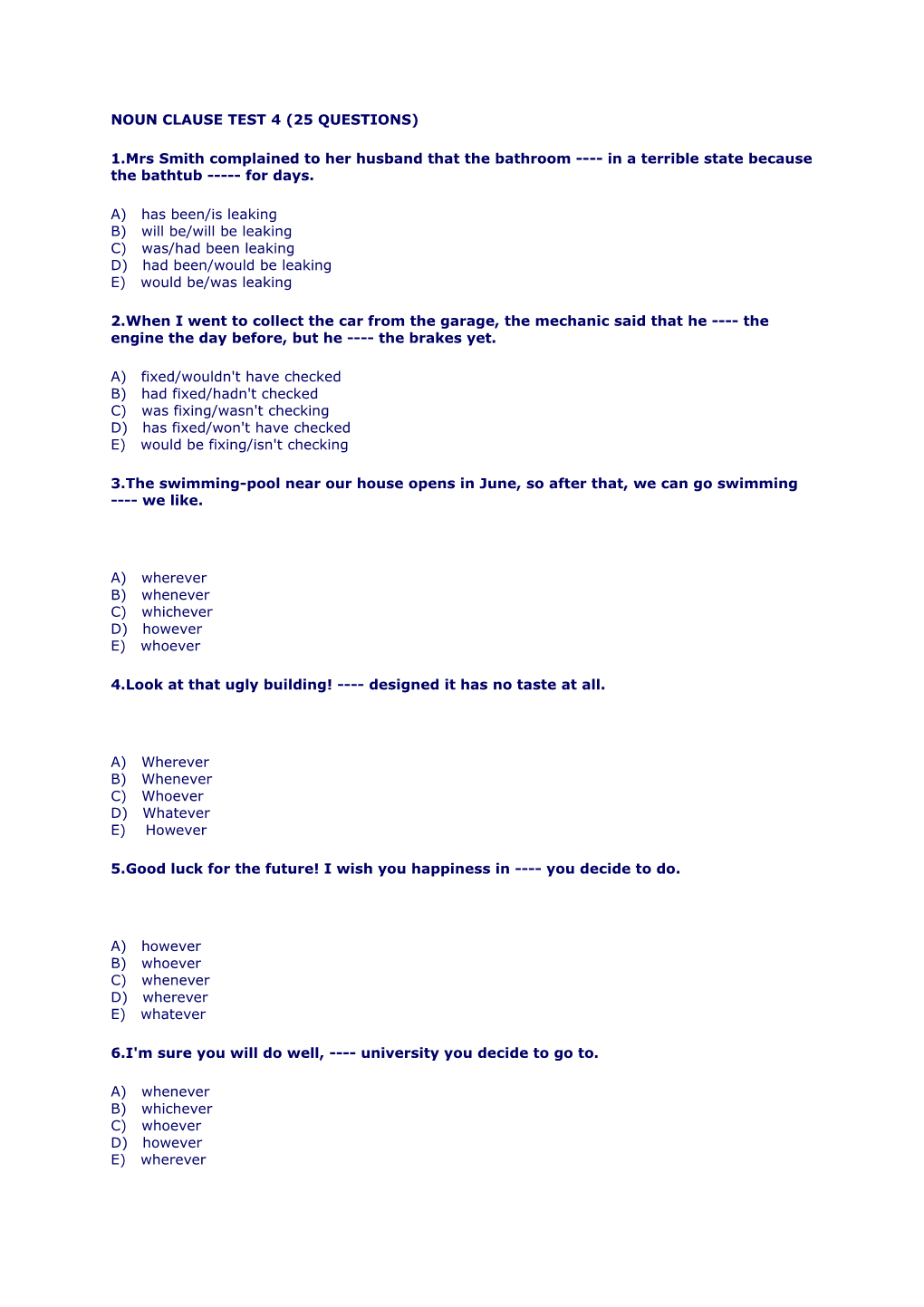 Noun Clause Test 4 (25 Questions)