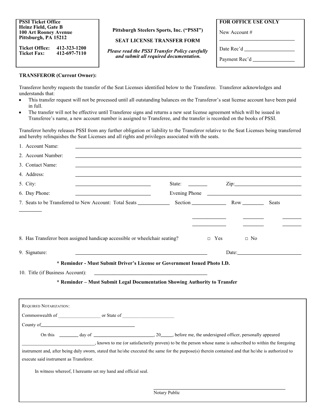 Permanent Seat License Transfer Form