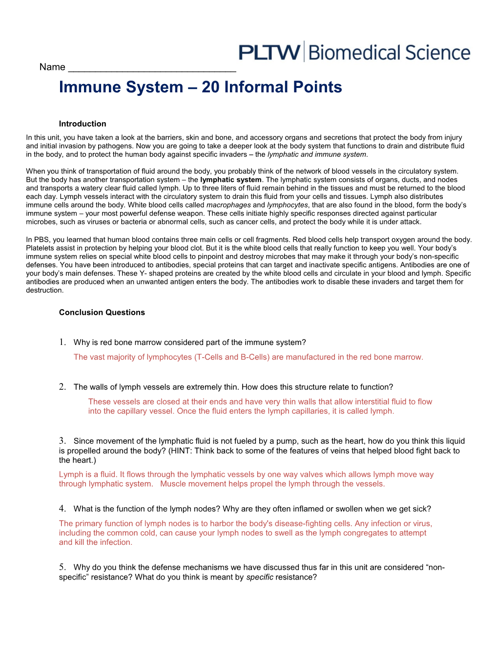 Immune System 20 Informal Points