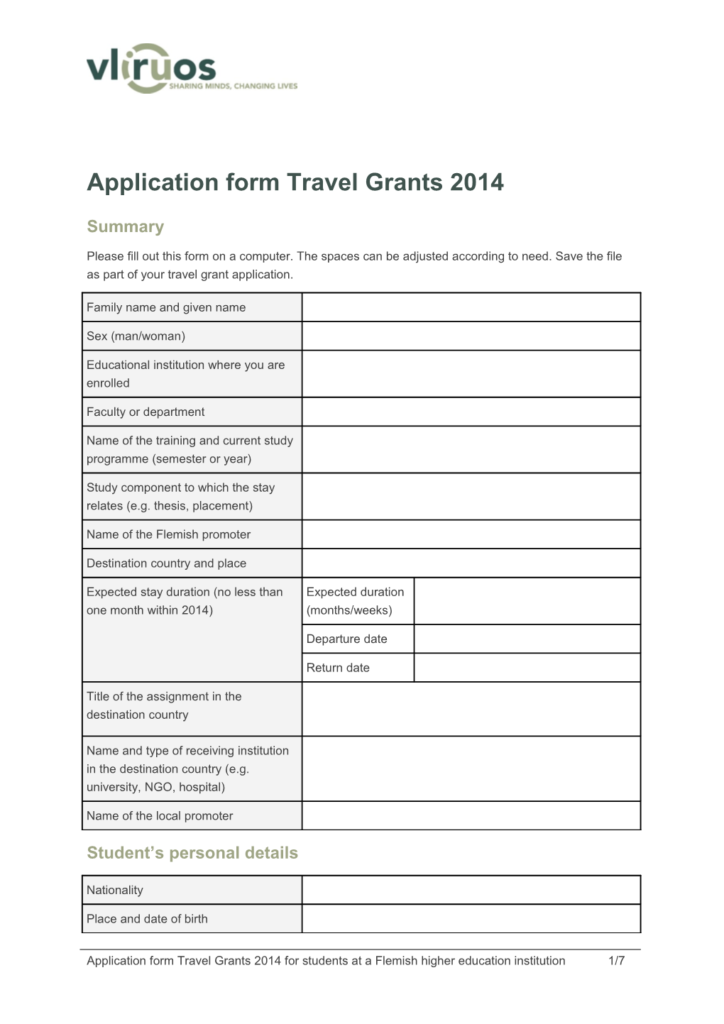 Application Form Travel Grants 2014
