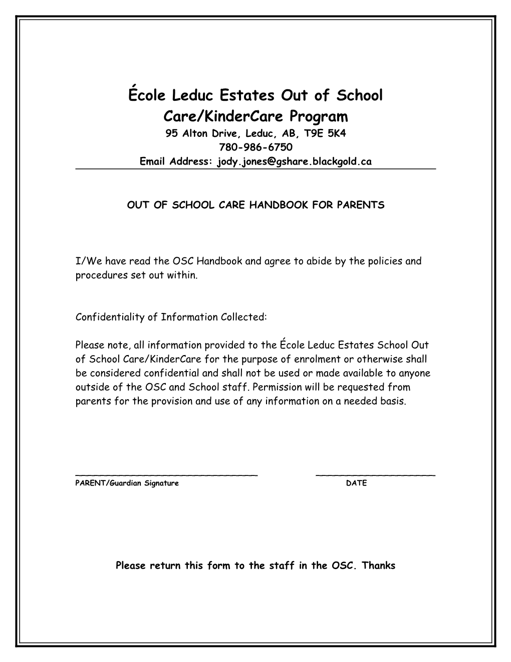 École Leduc Estates out of School Care/Kindercare Program