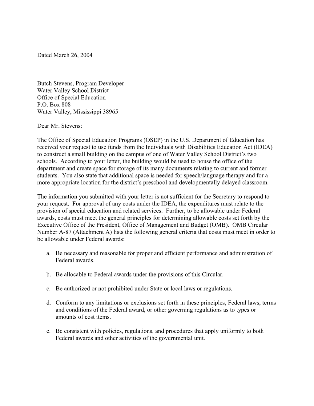 Letter Dated 03/26/04 to Stevens Re: Interpreting IDEA Or the Regulations That Implement