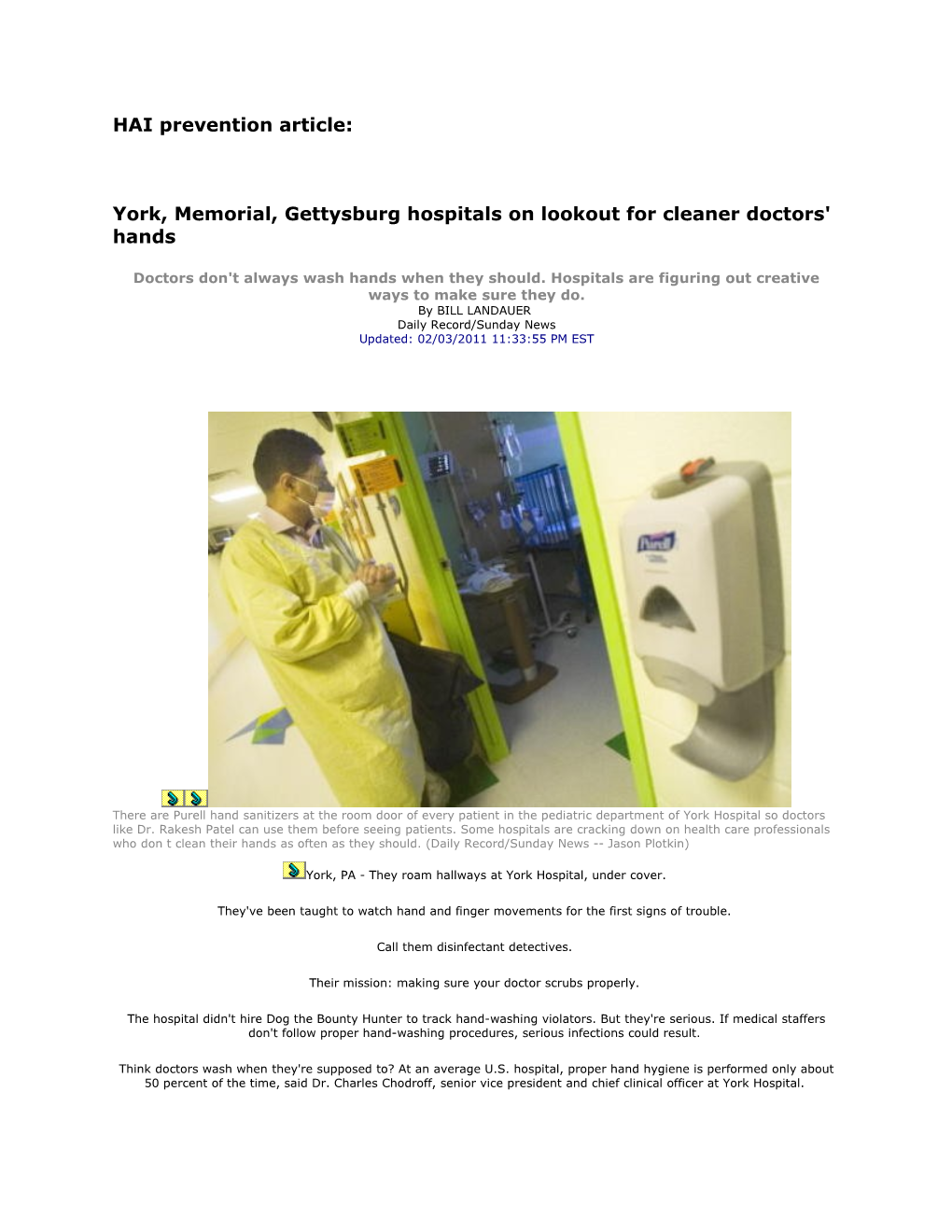 York, Memorial, Gettysburg Hospitals on Lookout for Cleaner Doctors' Hands