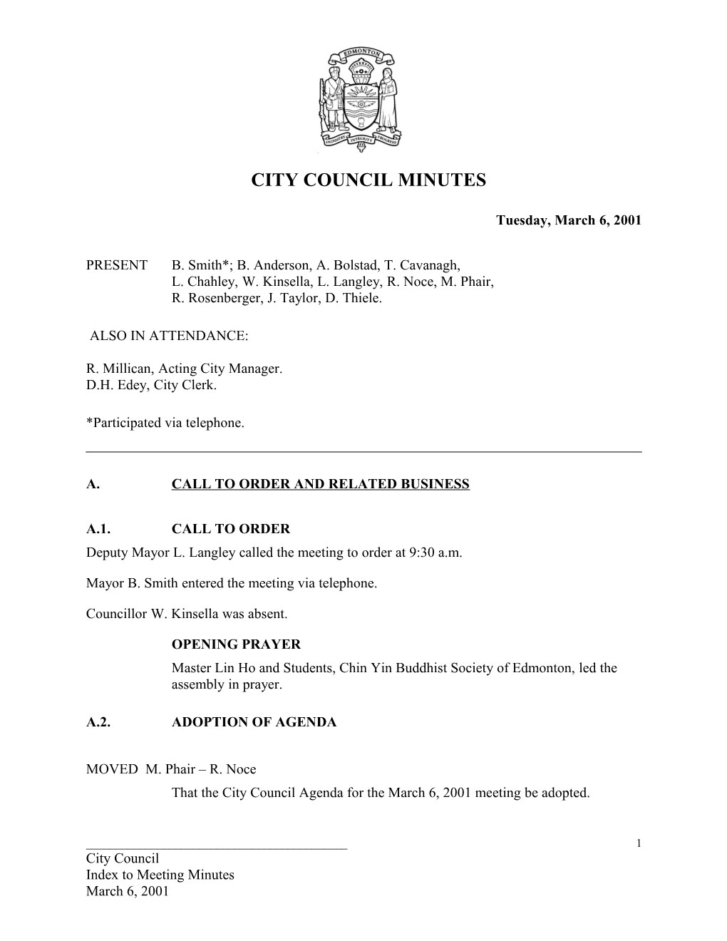 Minutes for City Council March 6, 2001 Meeting