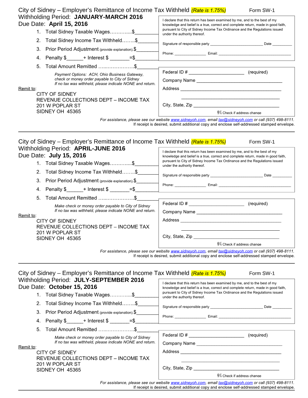 City of Sidney 2010 Estimated Income Tax Vouchers