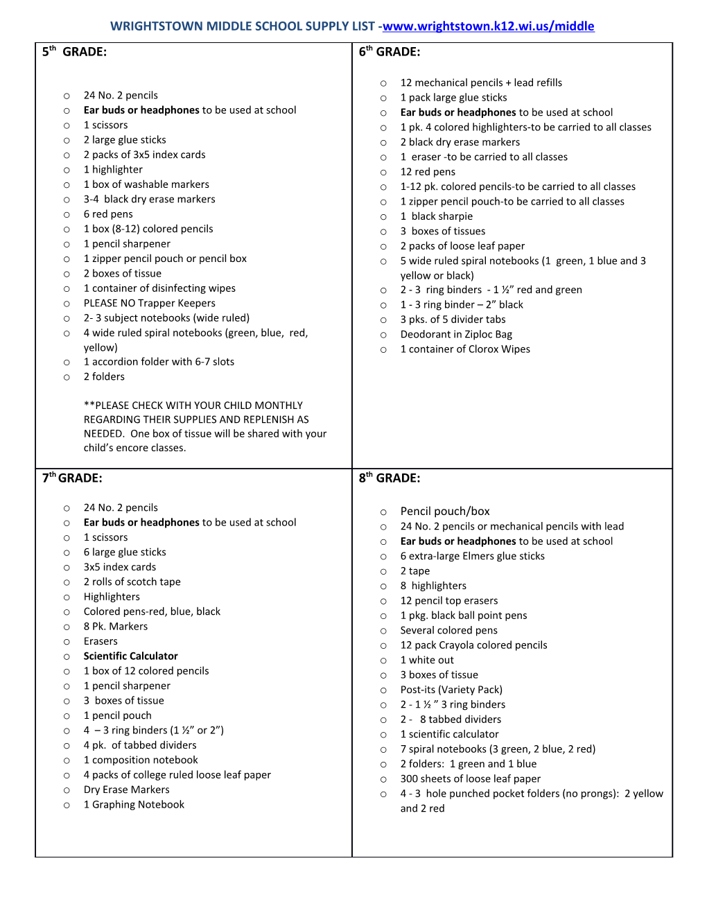 Wrightstown Middle School Supply List