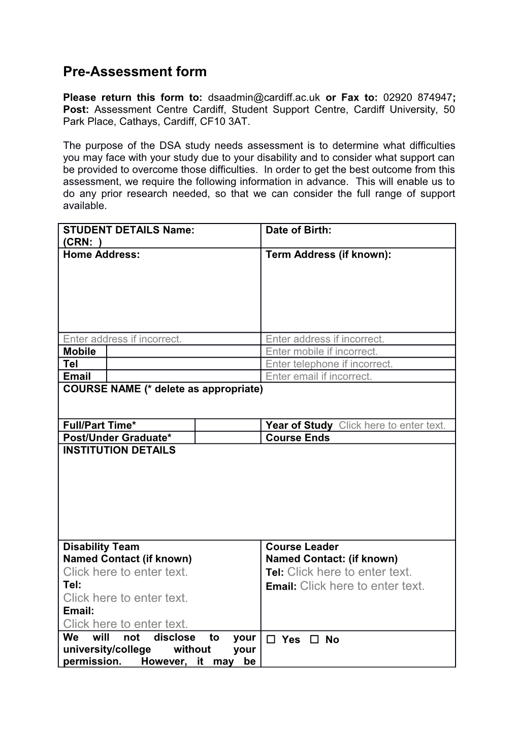 Pre-Assessment Form