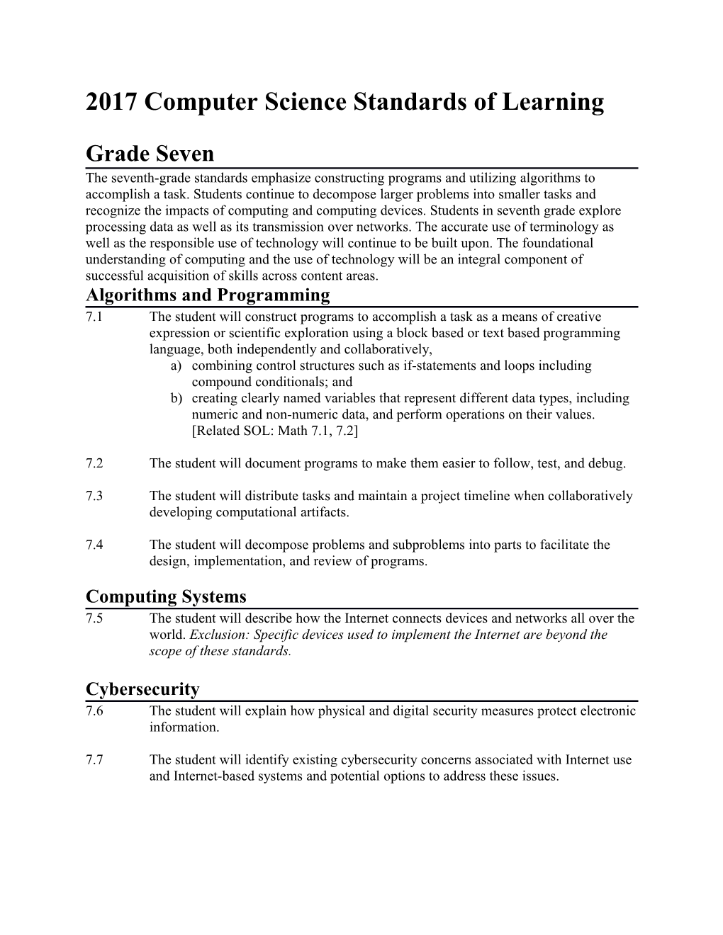 Grade 7 Computer Science SOL Virginia