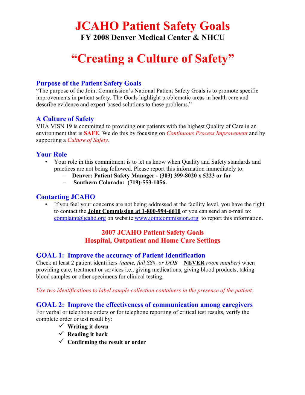 JCAHO Patient Safety Goals