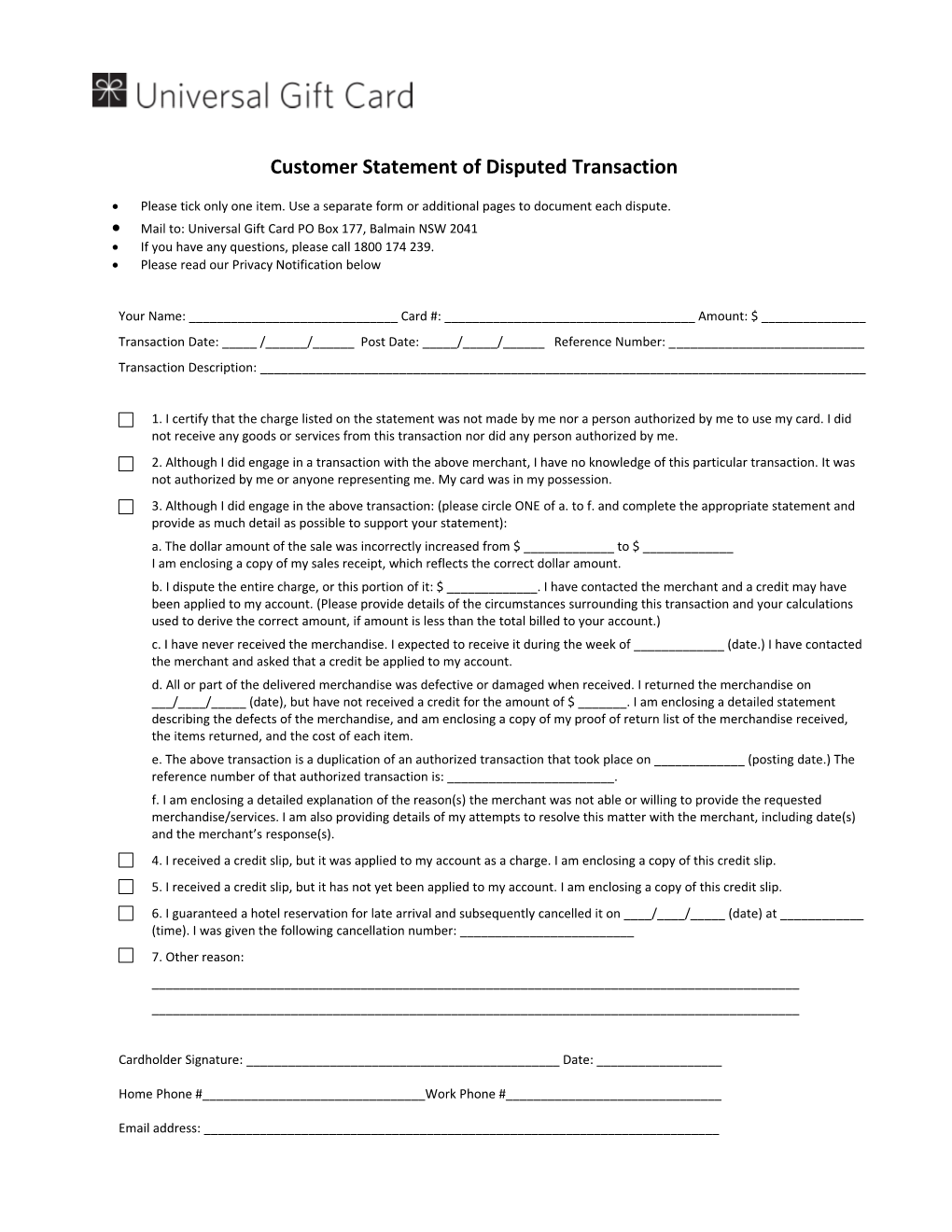 Customer Statement of Disputed Transaction