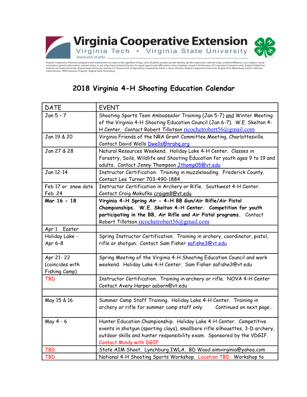 2005 Virginia 4-H Shooting Education Calendar