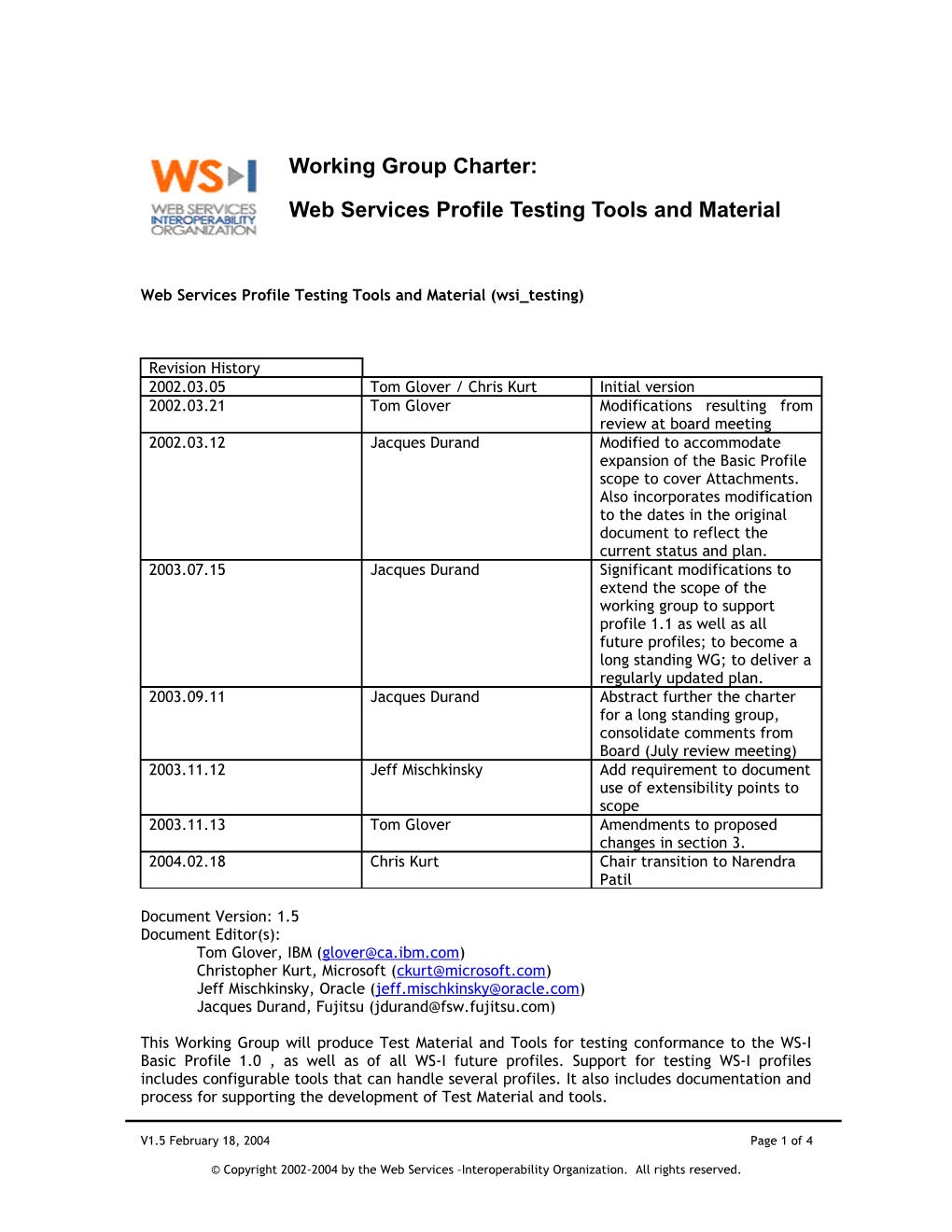 WS-I Test Working Group Charter