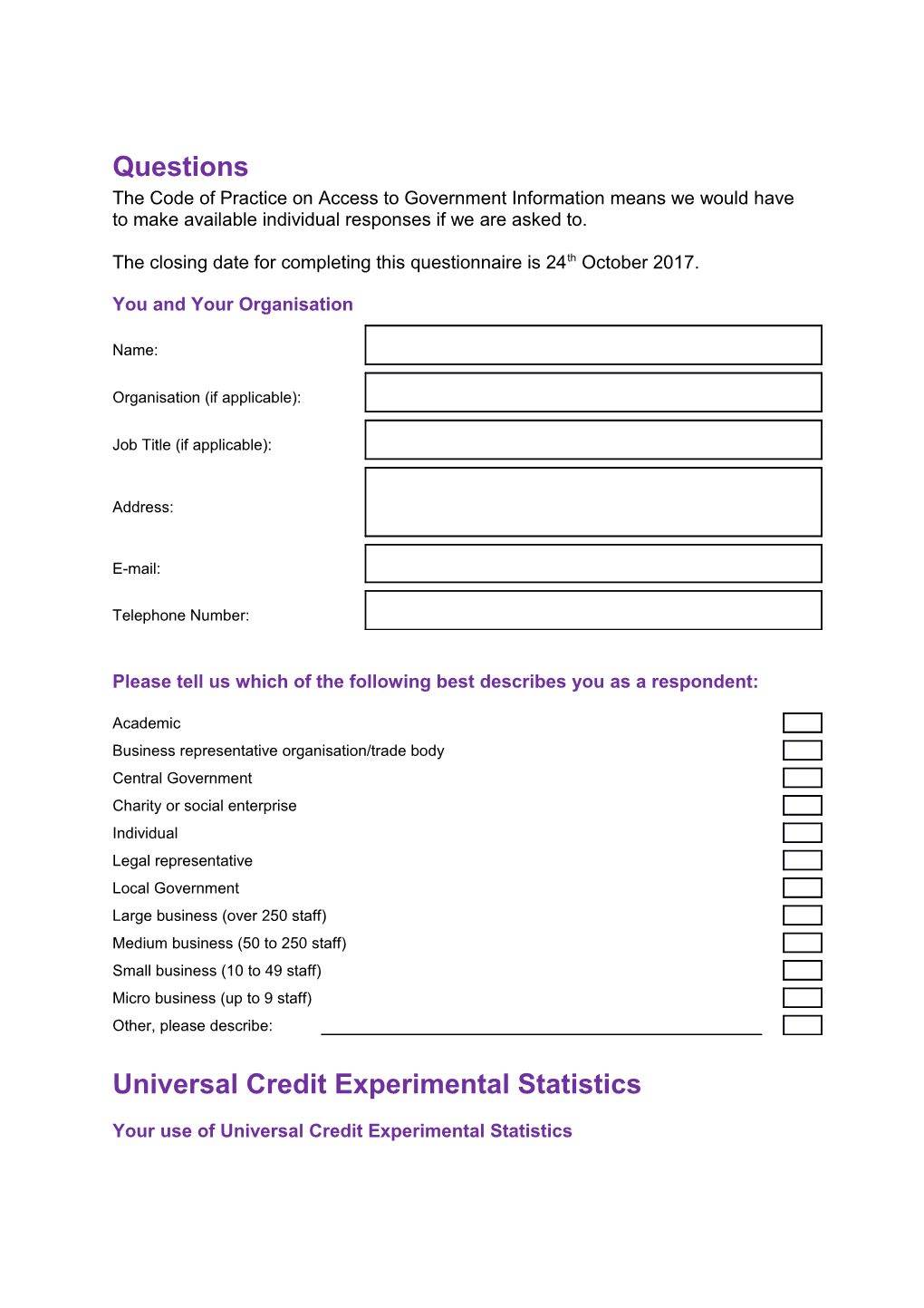 Universal Credit Experimental Statistics: Consultation