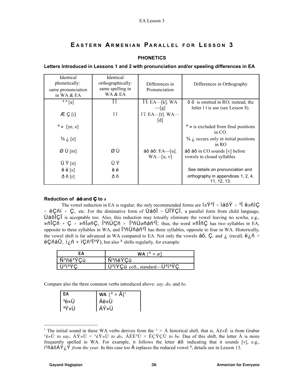 Eastern Armenian Parallel for Lesson 3