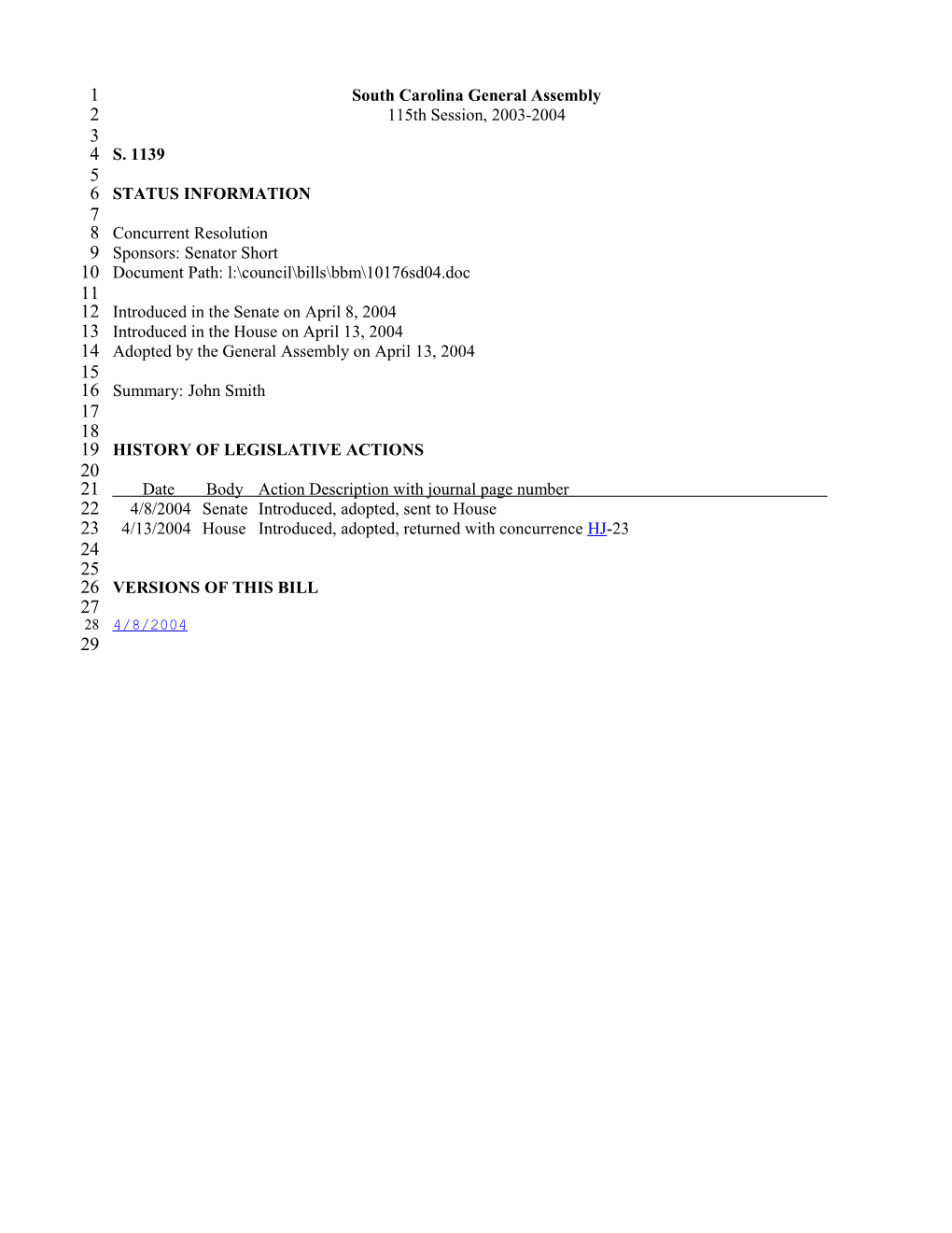 2003-2004 Bill 1139: John Smith - South Carolina Legislature Online