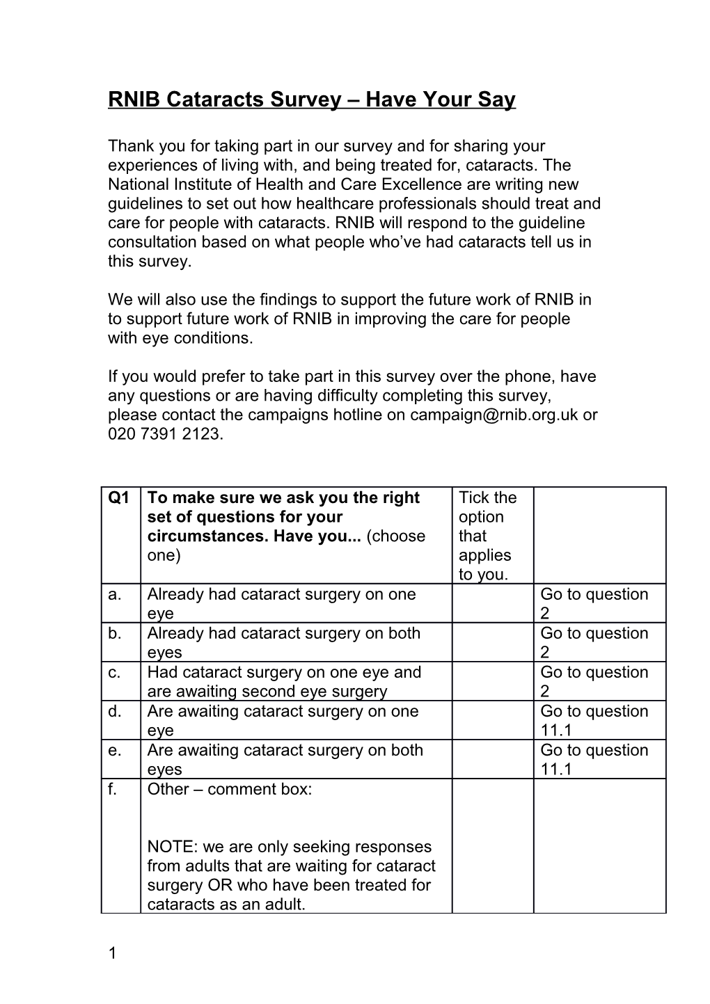 RNIB Cataracts Survey Have Your Say