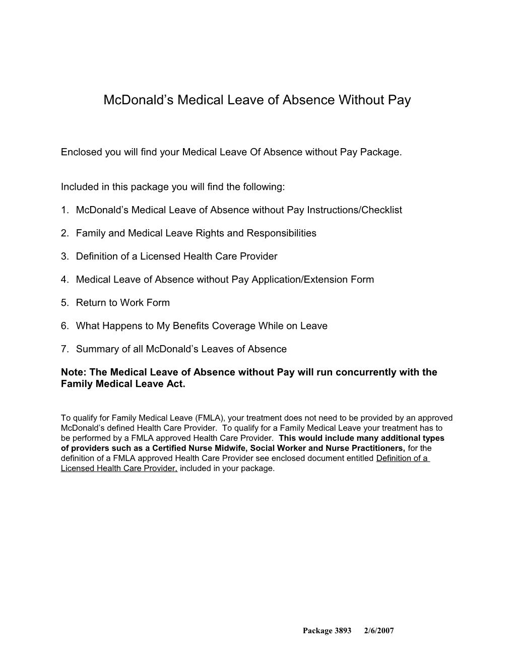 Mcdonald S Medical Leave of Absence Without Pay