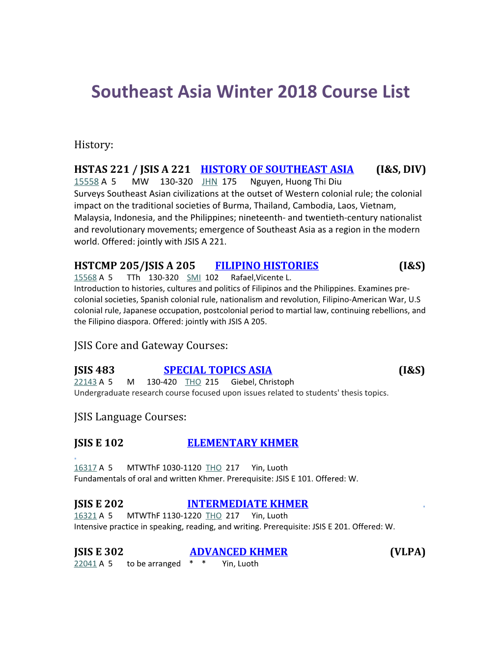 Southeast Asia Winter 2018 Course List