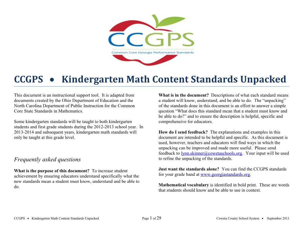 CCGPS Kindergartenmath Content Standards Unpacked