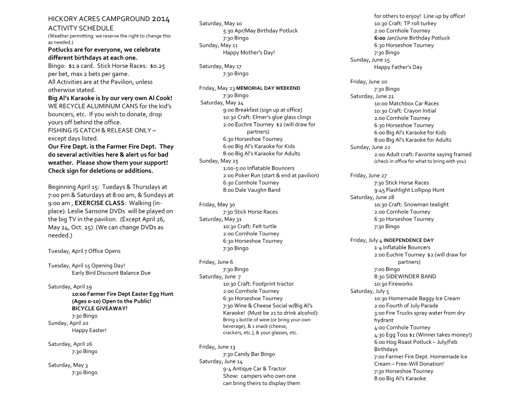 Hickory Acres Campground 2011 Activity Schedule