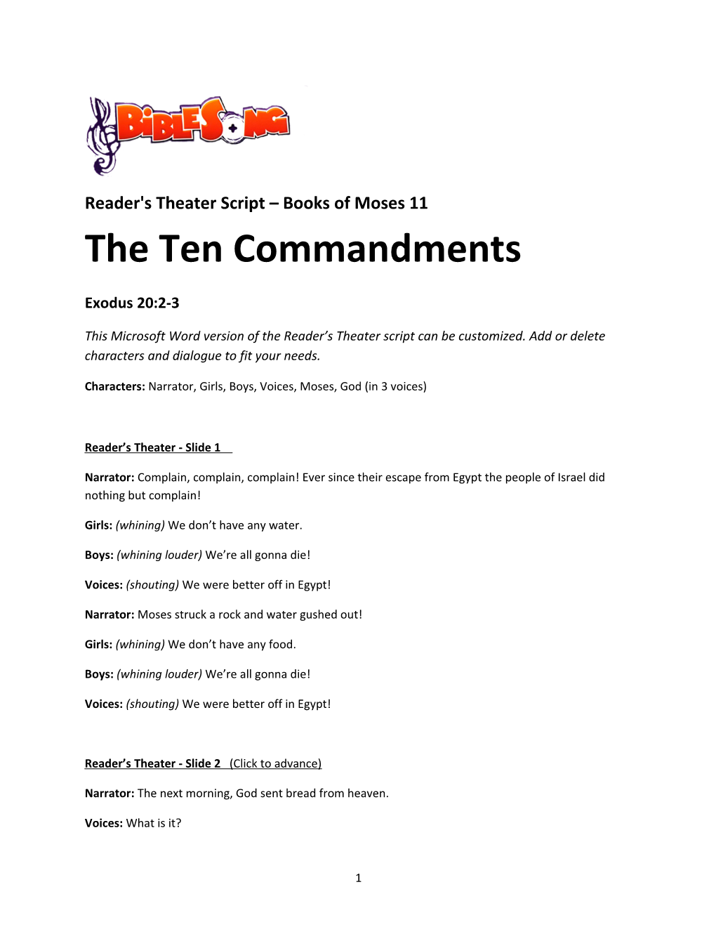Reader's Theater Script Books of Moses 11 the Ten Commandments