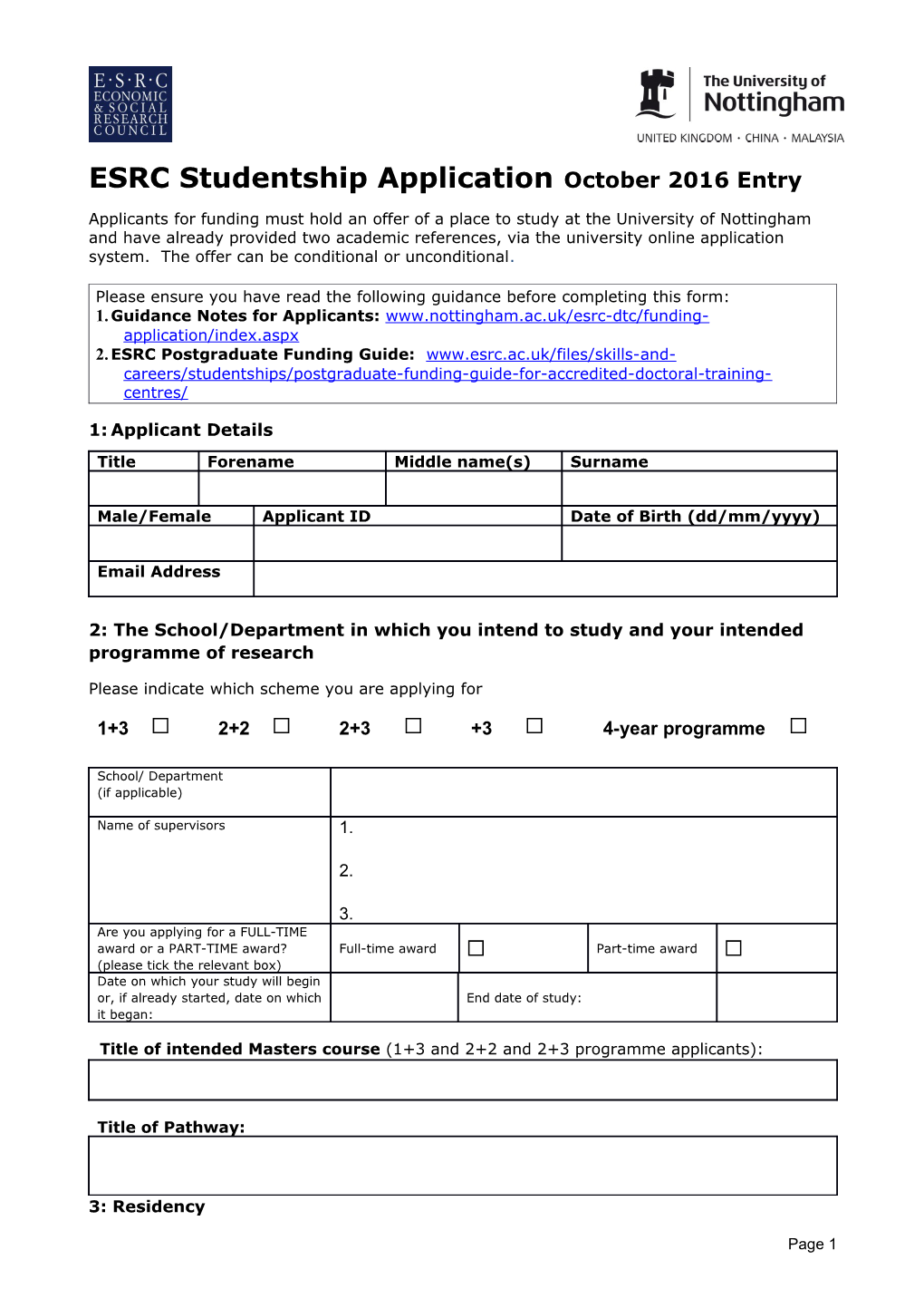 ESRC Studentship Applicationoctober 2016 Entry